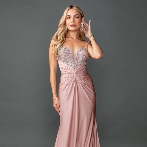 New Rhinestones Embellished Prom Gown w/ Twisted Front & Lace Up Back DQ 4553 - Picture 3 of 8